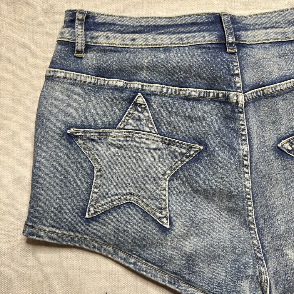 ROMWE Womens 1XL Denim Shorts NWT Blue Star Applique Y2K Festival Stretch - Picture 5 of 11
